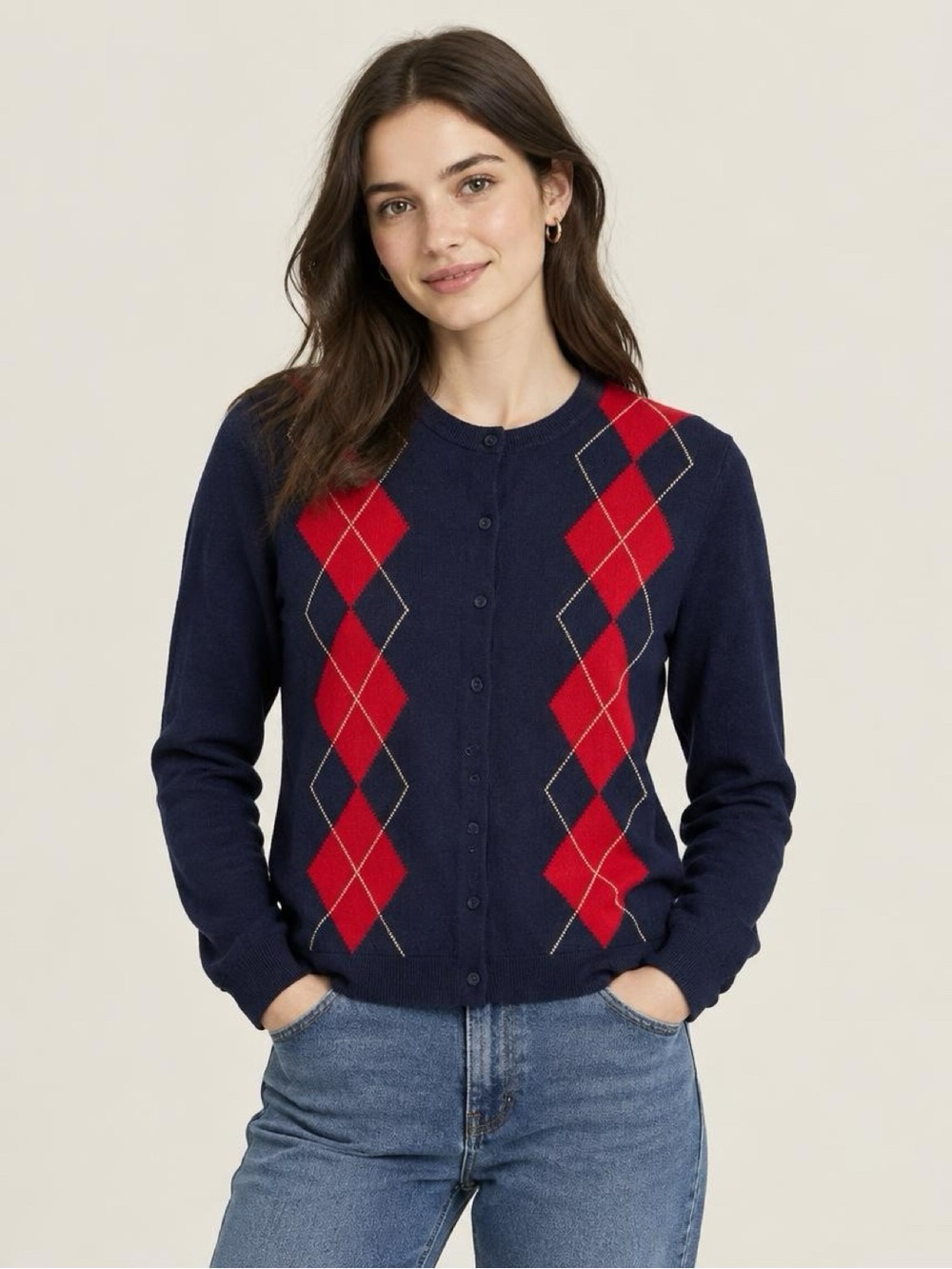 JCREW Navy & Red Argyle Crewneck Cardigan Sweater Small NWOT